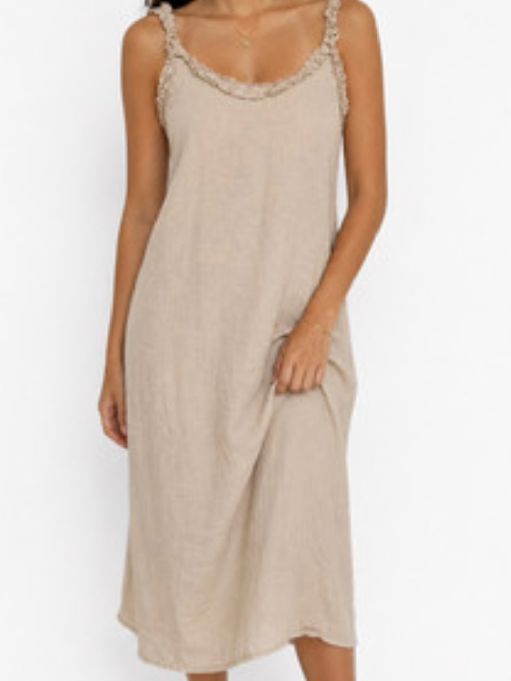 Francesca Bettini Beige 100% Italian linen Dress with Ruffle-Strap Detail